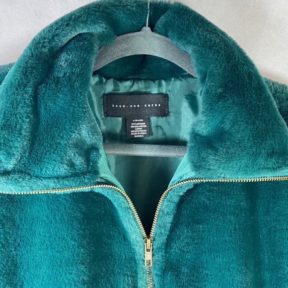 PINK Know One Cares Green Faux Fur Bomber Jacket - Picture 1 of 4
